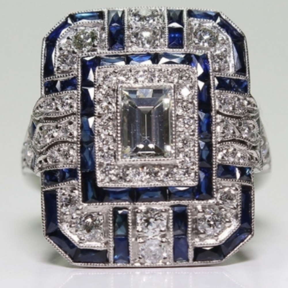 Ladies cocktail ring, Silver, Blue, & CZ,